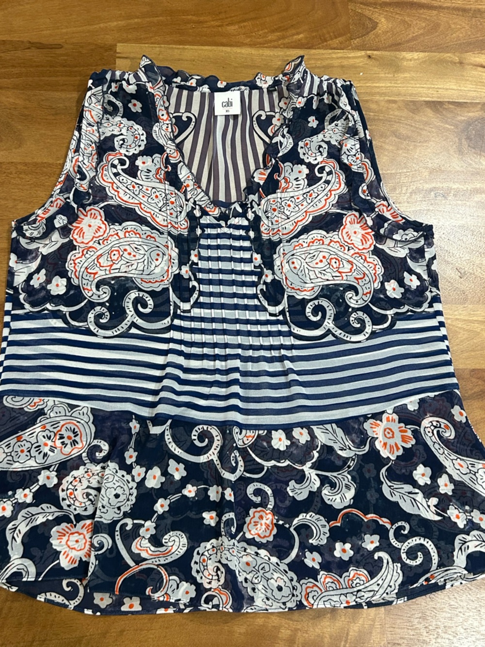 CAbi Navy, White & Orange Paisley-Striped Sheer Sleeveless Top Size XS